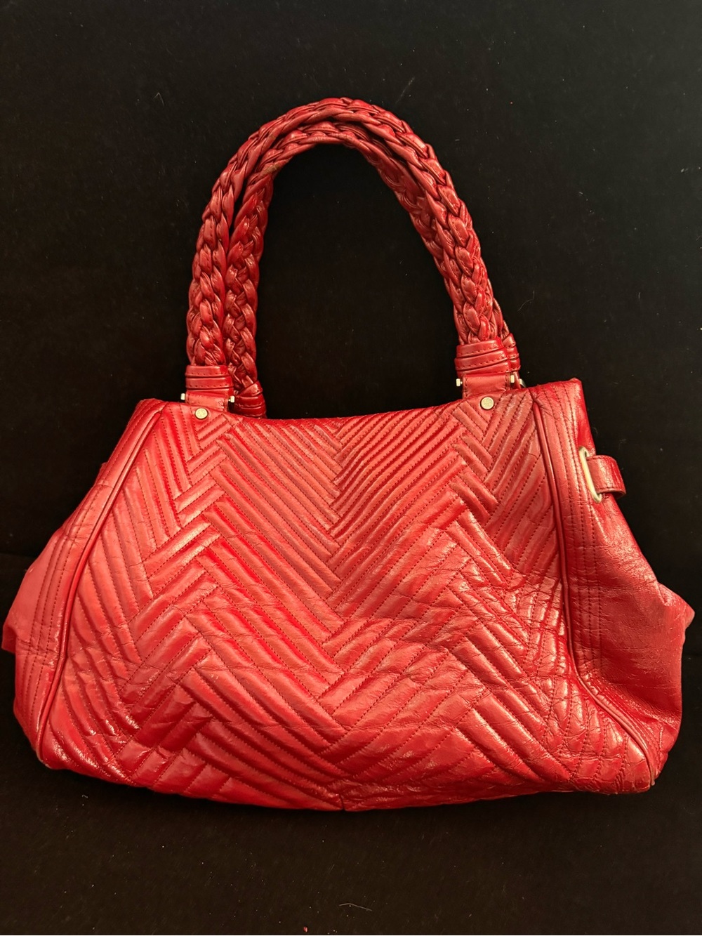 Cole Haan Laury Red Quilted Patent Leather Satchel Bag - Braided Handles